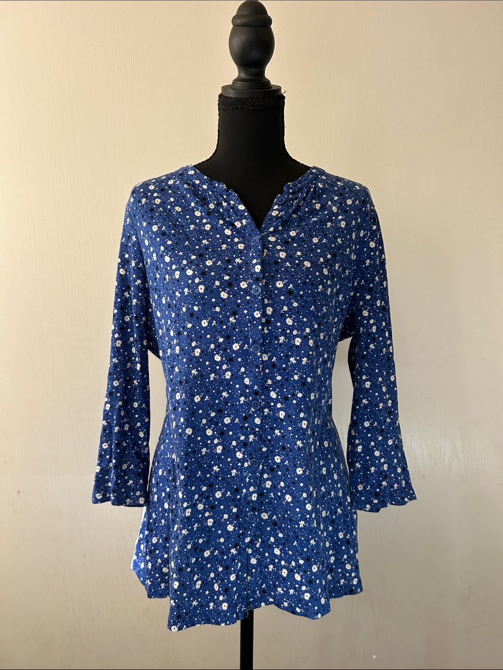 Boden Blue Cotton Floral Button-Front Women's Soft Knit Blouse
